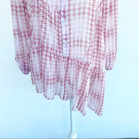 Topshop Pink Check Tiered Long Sleeve Asymmetrical Blouse Button Down Shirt - Picture 9 of 12